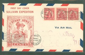 US 657 1929 2c Sullivan Expedition (pair & single) on an addressed (Roessler handstamp) airmail first day cover with a Roessler
