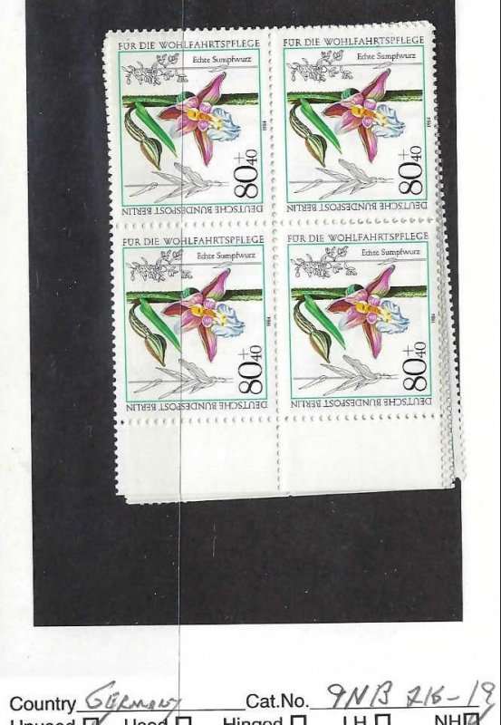 GERMANY BERLIN 9NB216-219 MNH BLOCKS OF 4 [D3]