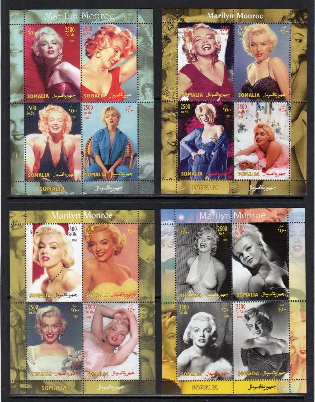 Somalia 2004 Tribute to MARILYN MONROE 4 Sheetlets of 4 values each  (16v) MNH