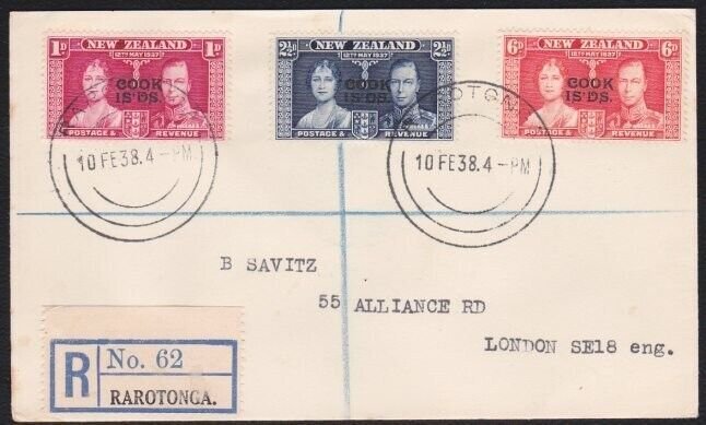 COOK IS 1937 Coronation set on registered cover 1938 ex Rarotonga..........B3574