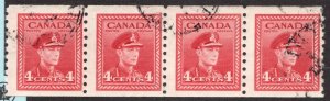 #267 - Canada - 1943 - 4 cent strip of 4 coils - Used - F -  superfleas