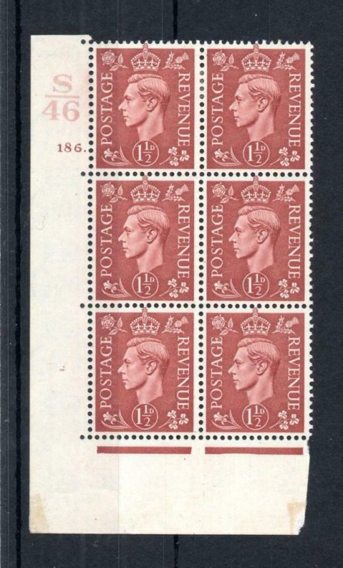 GEORGE VI 11/2d PALE BROWN MOUNTED MINT CONTROL S46 CYLINDER 186. BLOCK Cat £20