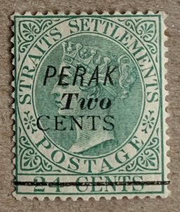 Perak 1891 2c on 24c, unused. Scott 30, CV $32.50. SG 48