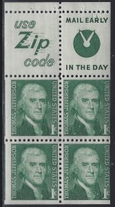 Scott # 1278 Lot E162 1c Thomas Jefferson Booklet pane of 4  MNH OG