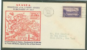 US 800 1937 3c Alaska (Part of the U S Territorial Series) on an addressed (typed) FDC with a Kapner Cachet