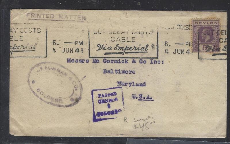 CEYLON  (PP0112B) 1941 KGV 5C CENSOR COVER PRINTED MATTER TO USA