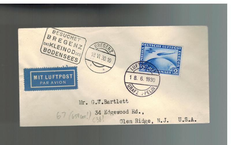 1930 Germany Graf Zeppelin Bregenz Flight Postard Cover  # C38 to USA