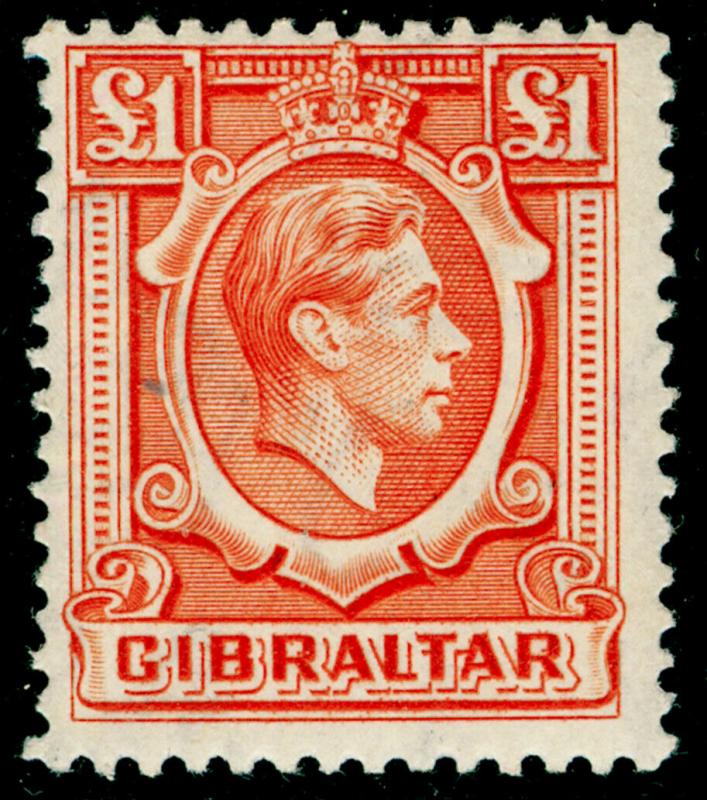 GIBRALTAR SG131, £1 orange PERF 13½ x 14, LH MINT. Cat £42.