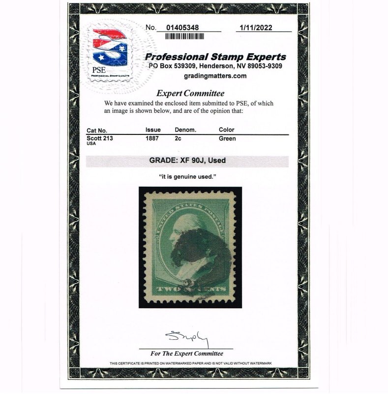 EXCEPTIONAL GENUINE SCOTT #213 USED 1887 GREEN ABNC PSE CERT GRADED XF-90J JUMBO