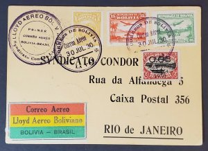 1930 Bolivia Rio de Janeiro Brazil Condor LTDA Air Mail Overprint Postcard Cover