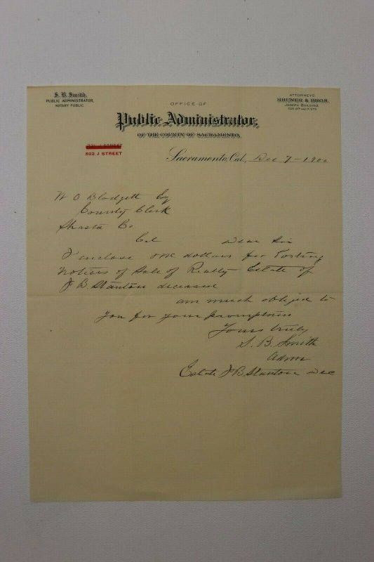 Vintage S.B. Smith Public Administrator Notary Letterhead Sacramento CA 1900 