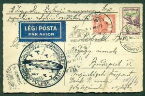 HUNGARY, 1930, Zeppelin Flight card with scarce DEBRECEN DROP, pretty & VF