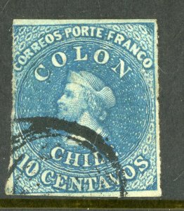 Chile 1862 Columbus 10¢ Blue Imperf Scott #12 VFU K844