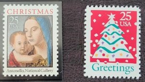 US Scott # 2514-2515; two 25c Christmas/Holiday issues from 1990; VF; MNH, og