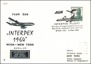 Austria Austrian Airlines Vienna to New York 1964 1st Flight Cover
