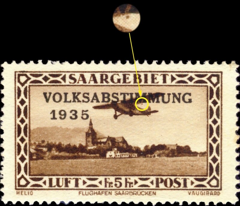 SARRE / SAAR / SAARGEBIET 1934 Mi.198 Farbpunkt unten linker Tragfläche No Gum