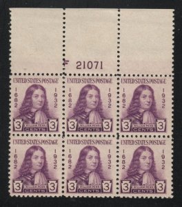 ALLY'S STAMPS US Plate Block Scott #724 3c William Penn [6] MNH [HV]