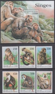 GUINEA # GUI035 CPL MNH SET of 6 STAMPS PLUS S/S - VARIOUS PRIMATES (MONKEYS)