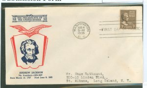 US 812 1938 7c Andrew Jackson (presidential/prexy series) single on an addressed (typed first day cover with a Fidelity cachet)