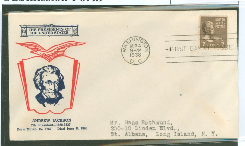US 812 1938 7c Andrew Jackson (presidential/prexy series) single on an addressed (typed first day cover with a Fidelity cachet)