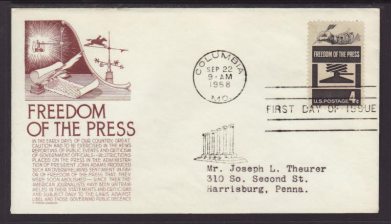 US Freedom of the Press 1958 Anderson Typed FDC BIN
