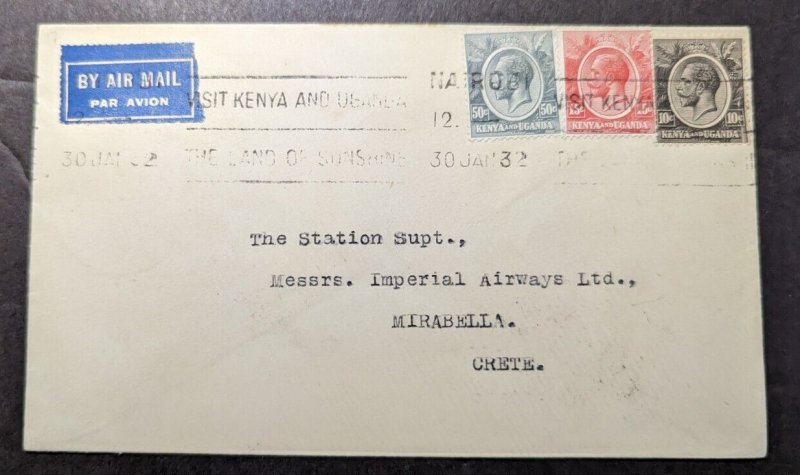 1932 British KUT First Flight Cover FFC Nairobi to Mirabella Crete 1 of 50 Flown