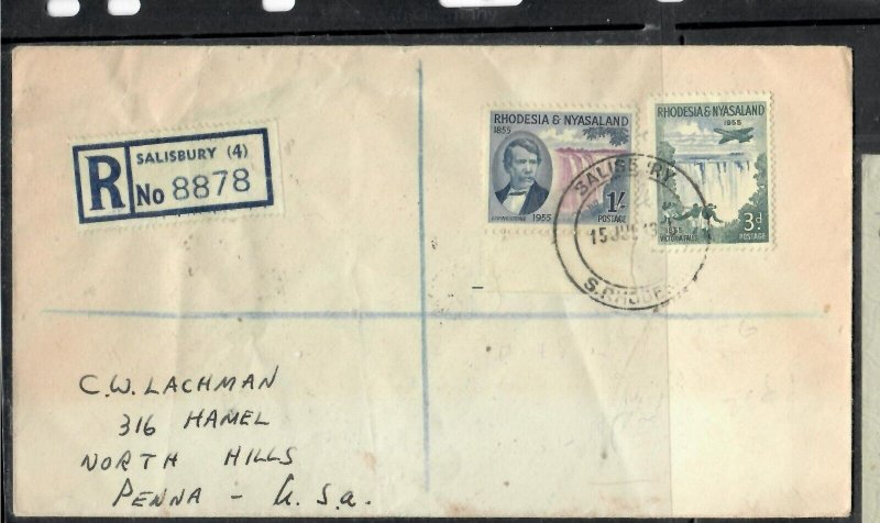 RHODESIA & NYASALAND COVER (P2408B) 1955 LIVINGSTONE SET OF 2 ON REG COVER TO US 
