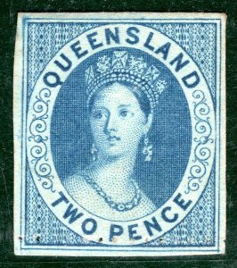 Australia States QUEENSLAND QV Chalon SG.24var 2d IMPERF Variety* RARE GBLUE61