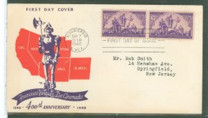 US 898 1940 3c coronado expedition of discovery, 400th anniversary pair on an addressed, typed fdc with an mjx cachet