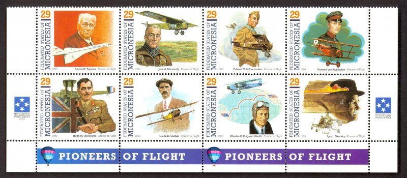 MICRONESIA 1993 PIONEERS OF FLIGHT Set in Se-tenant Block Sc 155 MNH