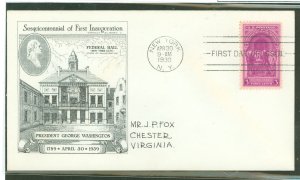 US 854 1939 3c Washington's first inauguration on an addressed first day cover with an Ernest Gilbert cachet.