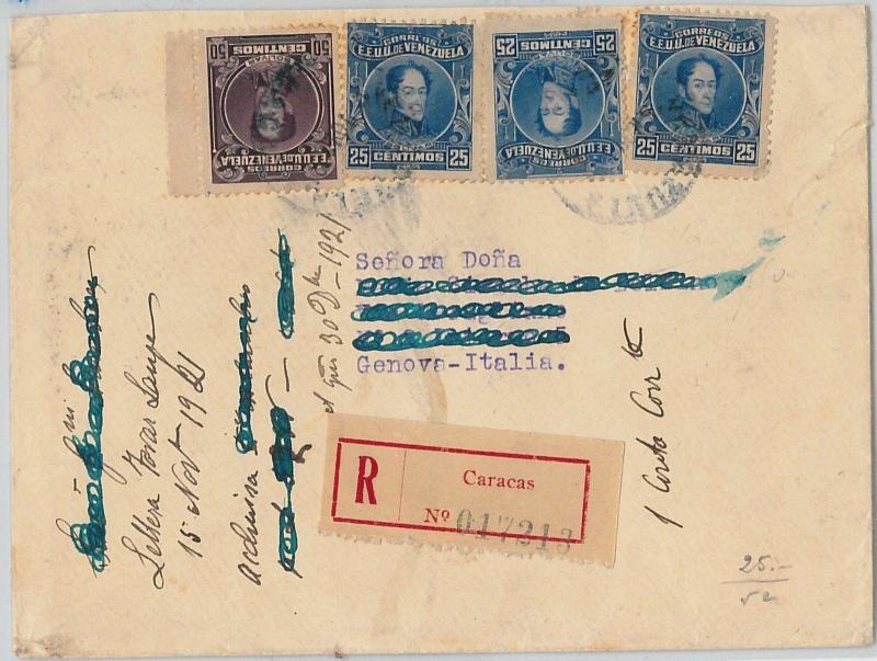 58704  -   VENEZUELA  - POSTAL HISTORY: REGISTERED COVER to ITALY - 1921