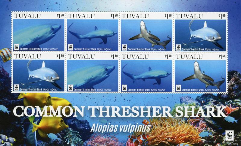 Tuvalu Sharks Stamps 2016 MNH Common Thresher Shark WWF Marine Fish 8v M/S