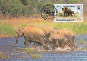 Cambodia 1997 Maxicard Sc #1597d 1000r Asian elephant WWF