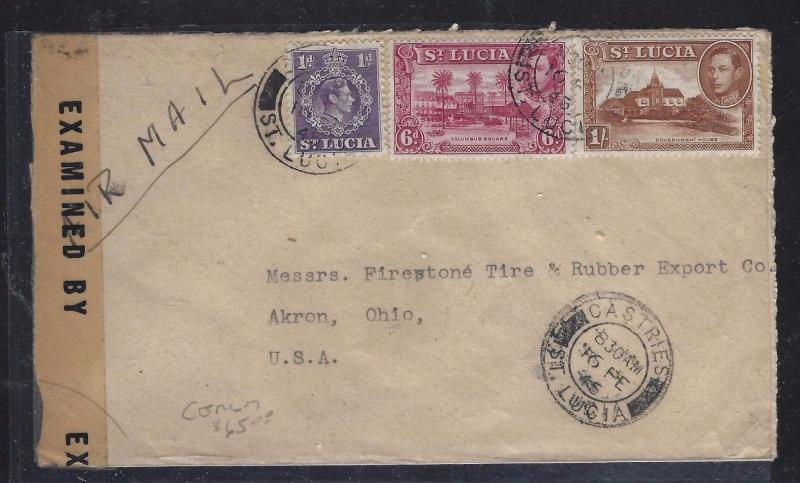 ST LUCIA (P1609B) 1945  KGVI  6D+1/-+1D CENSOR A/M TO USA