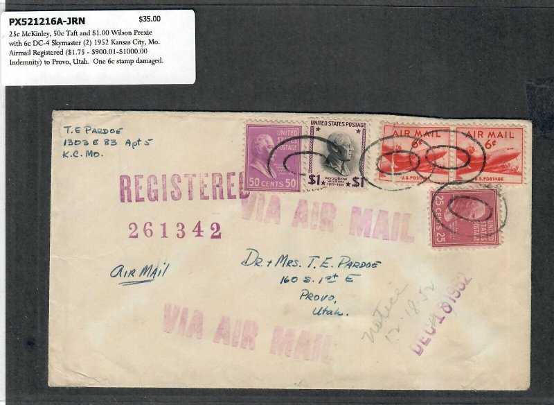 1952 Prexie Cover 25c McKinley, 50c Taft, $1 Wilson Kansas City MO Airmail Reg.