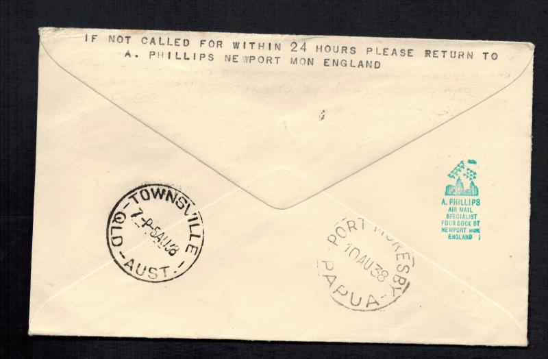 1938 England First Flight Cover via Imperial Airways to Port Moresby Papua FFC