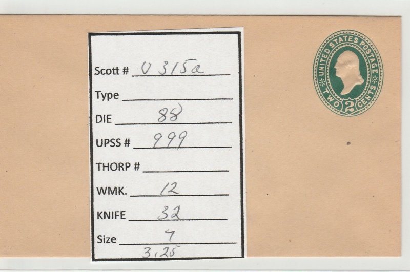 Scott# U315 Die 88 UPSS#999 US envelope.