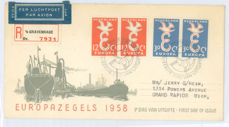 Netherlands 375-76 1958 Europa; registered Gravenhage-Grand Rapids, MI