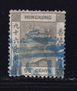 Hong Kong Scott # 24 VF Used blue cancel with nice color scv $ 63 ! see pic !