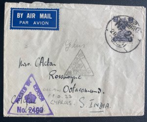 1941 Indian FPO 23 Cyprus Censored Airmail Cover To Ootacamand India