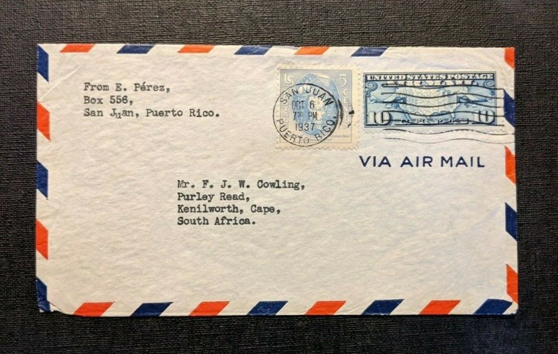 1937 San Juan Puerto Rico Airmail Cover to Kenilworth Cape South Africa