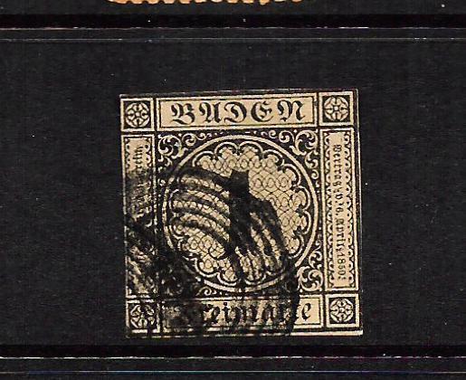 BADEN  1851-52  1k  BLACK/BUFF  FU  SIGNED   SG 1  Sc 1  