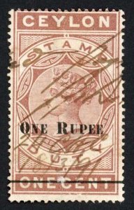 Ceylon Stamp Duty BF87 ONE RUPEE ON 1c Brown wmk CA