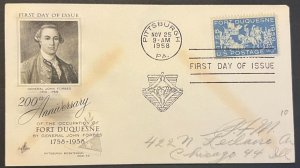 FORT DUQUESNE #1123 NOV 25, 1958 PITTSBURGH, PA FIRST DAY COVER (FDC) BX5