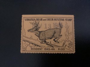 US Virginia State Revenue Big Game #BG15 1945-46 Resident Orig Gum LH bear/deer