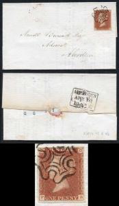 1841 Penny Red (PB) Plate 20 SUPERB Four Margins on Cover