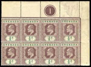 Grenada 1902 KEVII ½d NE corner PLATE 1 block of eight MNH. SG 57.