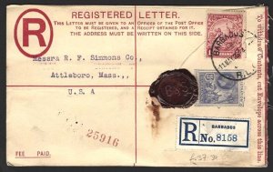 Barbados 1926 Fine 2½d reg envelope to USA uprated 1d