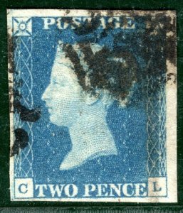 GB 1840 TWO PENCE BLUE QV Stamp SG.5 Plate 2 (CL) CLEAR PROFILE c£1,000+ GRED16